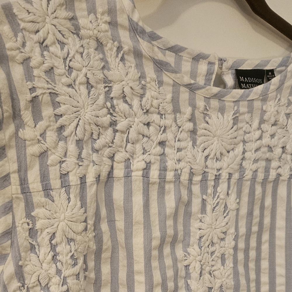 Madison Matthews Striped Blue and White Dress with Floral Embroidery- MEDIUM - Picture 3 of 7